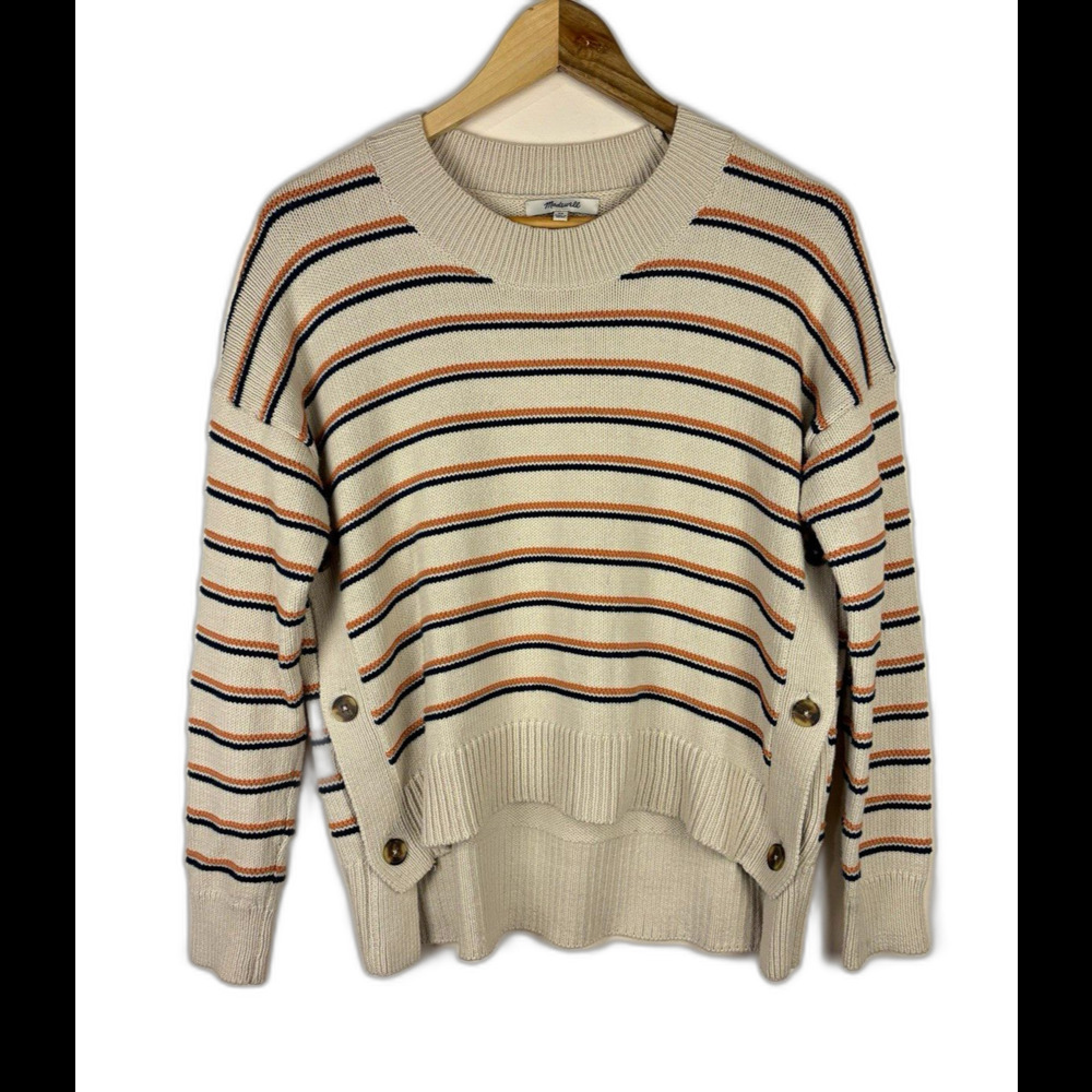 Madewell Crewneck Striped Knit Pullover Sweater Button Womens XS Preppy Coastal